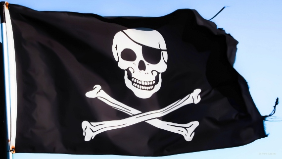 Bandeira com uma caveira e dois osso cruzados logo abaixo, a qual virou símbolo dos piratas. Tema este do restaurante temático em Curitiba